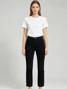 Women's Casual High Waist Distressed Cropped Jeans Slim Fit Solid Color Washed Denim Pants With Raw Hem For Daily Wear