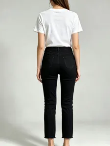 Women black slim fit cropped jeans with raw hem casual high stretch denim trousers