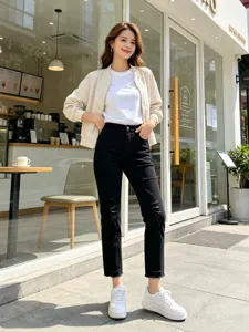 Women's slim fit ripped cropped jeans in black with raw hem and high stretch for casual daily wear.
