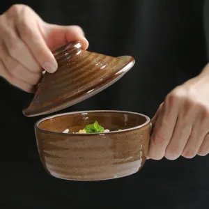Japanse Retro Ker keramische Kom met Deksel en Handvat Grof Aardewerk Soep Salade Kom Huishoudelijk Keukengerei