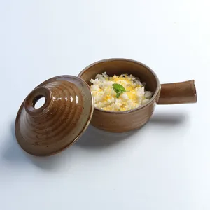 Japanse grove keramische kom met handvat en deksel vintage soepkom serviesgoed set