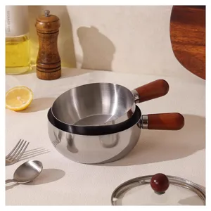 Stainless steel noodle bowl with wooden handle mini pot kitchen tableware cooking tool 1pc