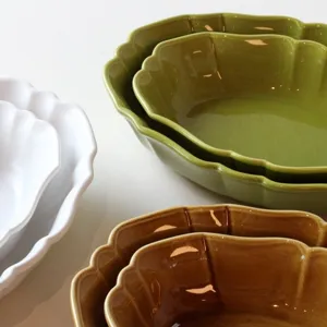 Vintage Japanese scalloped ceramic oval baking dish and salad plate for kitchen dining