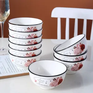Set 10 ciotole di riso in ceramica da 4,5 pollici, stoviglie floreali con bordo nero per uso quotidiano.