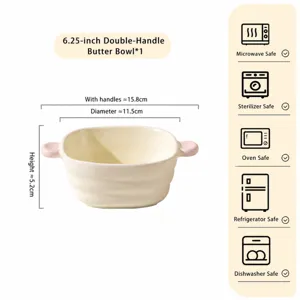 Bol double en céramique crème avec poignées roses, bol de cuisson de 6,25 pouces.