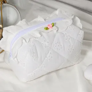 White lace cosmetic bag, large capacity cute travel makeup storage pouch for women.