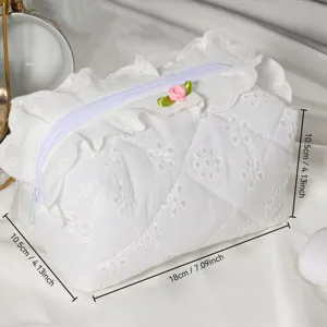 White lace cosmetic bag detail showing quilted texture and delicate floral ruffle accent.