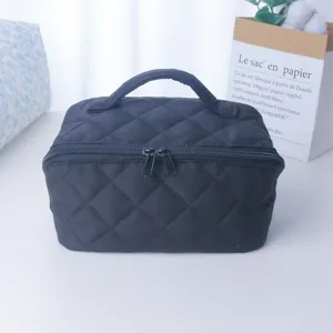 Gros plan sur la trousse de maquillage matelassée noire montrant des coutures soignées et zips.