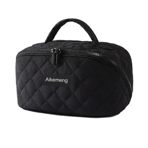Trousse de Maquillage Matelassée en Losange Grande Capacité Organisateur de Toilette Portable Sac à Main avec Double Fermeture Éclair pour Femmes