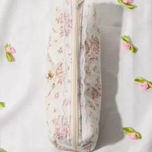 Floral lace pencil case cute cosmetic brush storage bag portable travel zipper pouch for students