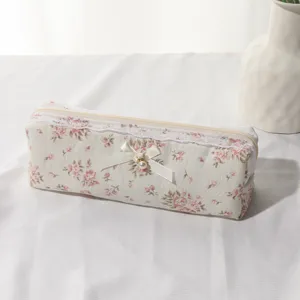 Cute floral lace bow pencil case mini cosmetic brush storage bag portable travel zipper pouch