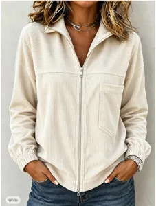 Women corduroy zip up jacket casual autumn outerwear with chest pocket solid white top.