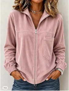 Women pink corduroy zip up jacket casual autumn long sleeve outerwear with chest pocket
