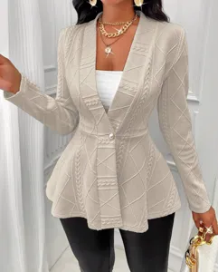 Vrouwen elegante gestructureerde gebreide blazer jas lange mouw chic peplum mantel nieuw