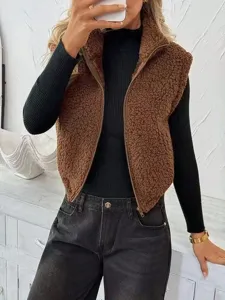 Femme Hiver Gilet Polaire Teddy Fermeture Eclair Sans Manches Chaud Veste Mode Haut