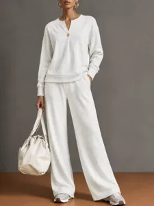 Women V-Neck Long Sleeve Sweatshirt Wide Leg Pants Casual Two Piece Lounge Set White