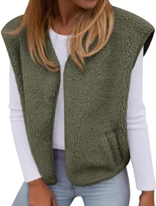 Womens fleece vest sleeveless teddy outerwear casual loose winter warm waistcoat top