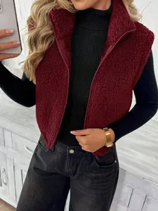 Gilet sans manches chaud en peluche sherpa pour femme, col à revers zippé d'hiver.