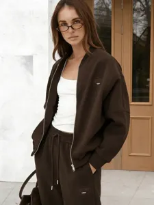 Women brown zip-up jacket and sweatpants tracksuit set, comfortable autumn winter casual wear outfit.