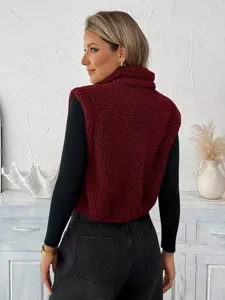 Gilet sans manches en polaire douce femme automne hiver, col à revers zippé élégant chic.