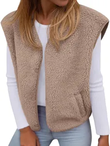 Women's autumn winter sherpa fleece vest casual sleeveless button up pocket outerwear top