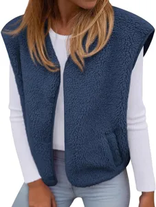 Detailed close-up view of the cozy sherpa fleece vest with sleeveless V-neck texture.