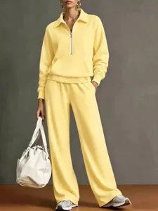 Completo felpa casual con mezza zip collo risvolto e pantaloni larghi autunno inverno