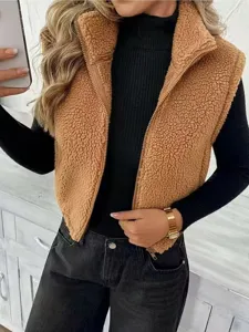 Gilet en Polaire Camel Femme Automne Hiver Fermeture Éclair Revers Sans Manches Chic