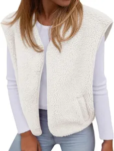 Women's cozy fleece sherpa vest casual sleeveless open front outerwear for autumn winter