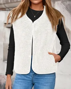 Women's winter warm fluffy sherpa fleece vest casual sleeveless V-neck open front outerwear top