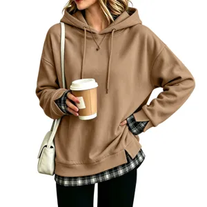 Felpa con cappuccio casual da donna, top marrone a maniche lunghe con fondo a quadri dettagli.
