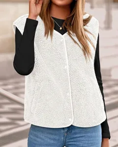 Detail view of a cozy white fleece vest, sleeveless V-neck winter layering top for casual wear.