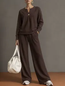 Detailed view of women casual brown V-neck sweatshirt and wide-leg pants two-piece set.