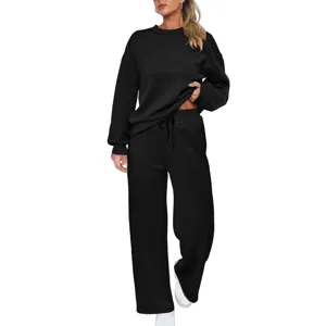 Women solid black knit two piece outfit long sleeve sweatshirt and wide leg pants set