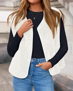 Women's winter faux shearling fleece vest casual sleeveless v-neck outerwear layering top.