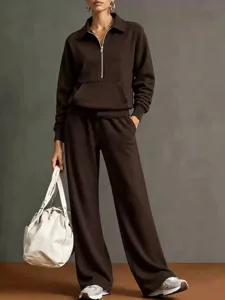Tuta da Donna Marrone con Felpa Mezza Zip e Pantaloni Larga Completo Casual Autunnale