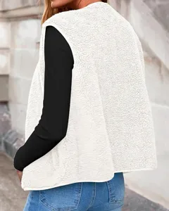 Women white fuzzy fleece sleeveless vest, casual winter cozy outerwear detail view.