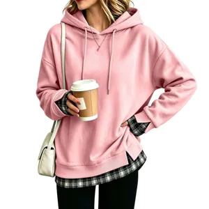 Felpa con cappuccio rosa casual e ampia da donna con design a doppio strato a quadri.