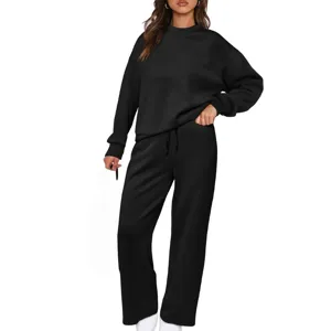 Detailed view of the black knit long sleeve top and casual wide leg pants set, comfy.