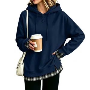Donna felpa con cappuccio casual larga manica lunga con fondo a quadri elegante.