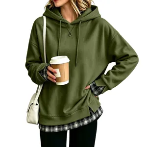 Felpa con cappuccio ampia e casual da donna, maniche lunghe con fondo a quadri elegante.