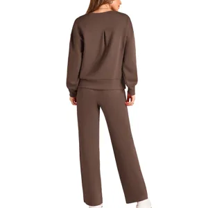 Women brown knit long sleeve top wide leg pants two piece set casual loungewear outfit