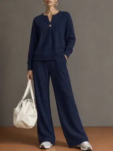 Women V-Neck Single Button Long Sleeve Sweatshirt And Wide Leg Pants Loose Casual Top And Bottom Set