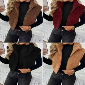 Gilet Décontracté en Polyester Peluche Double Face pour Femmes Fermeture Éclair Col Revers Sans Manches Haut Chaud pour Automne Hiver