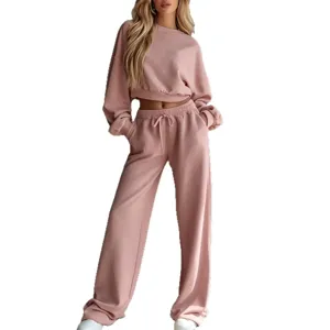 Completo tuta sportiva casual da donna felpa crop manica longa pantaloni larghi rosa