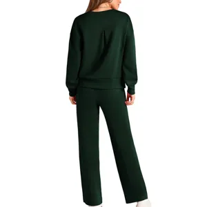 Dark green knit two-piece set for women featuring a long-sleeve top and casual wide-leg pants.