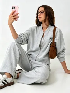 Women grey casual tracksuit zip up sweatshirt and sweatpants set casual sportswear fashion