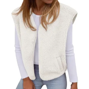 Women casual fleece sherpa vest sleeveless v-neck winter warm outerwear cozy cardigan top
