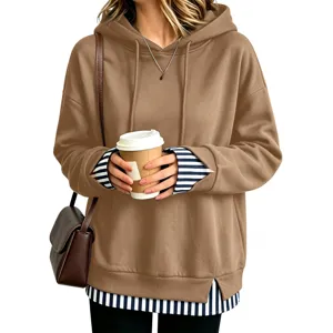 Donna felpa con cappuccio larga casual manica lunga finto due pezzi a righe maglia top.