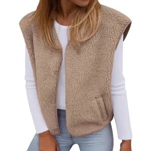 Women casual fleece vest sleeveless open front fuzzy cardigan autumn winter outerwear top